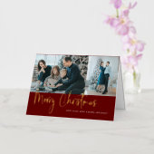 メリークリスマススクリプト2フォトコラージホリデーレッド 箔グリーティングカード (蘭)