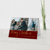 メリークリスマススクリプト2フォトコラージホリデーレッド 箔グリーティングカード (正面)