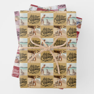 メリークリスマススクリプト6写真金ゴールド赤ピンク ラッピングペーパーシート