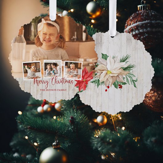 メリークリスマススクリプト， Poinsettia, 素朴 4-Photo オーナメントカード