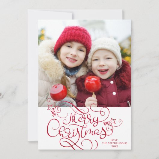 メリークリスマススクリプフェイクト赤グリッター写真 シーズンカード (正面)