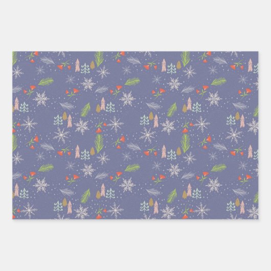 メリークリスマススケッチツリーズスノーフレーク花 ラッピングペーパーシート (正面)