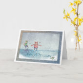 メリークリスマススケートで滑るラビットクリスマスカード カード (黄色い花)