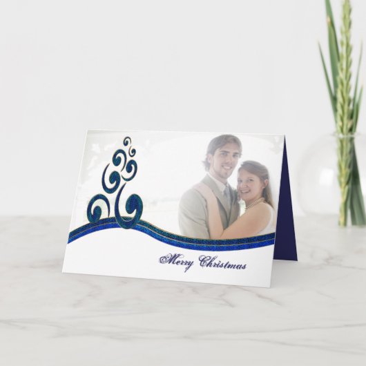 メリークリスマススタイルのネイビーブルーツリーフォト シーズンカード (正面)