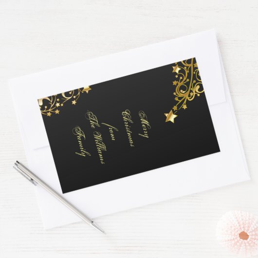 メリークリスマススターズブラック金ゴールドシャイニーシック名 長方形シール (封筒)
