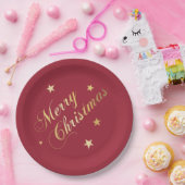 メリークリスマススターズワインレッド金ゴールドナプキンズ ペーパープレート (パーティー)