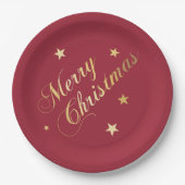 メリークリスマススターズワインレッド金ゴールドナプキンズ ペーパープレート (正面)