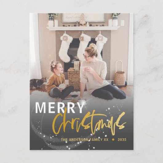 メリークリスマススターフェイク金ゴールドスクリプトクリスマス ポストカード (正面)