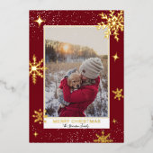 メリークリスマススター雪の赤い写真 箔シーズンカード (正面)