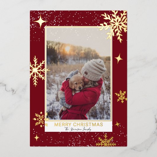 メリークリスマススター雪の赤い写真 箔シーズンカード (正面)