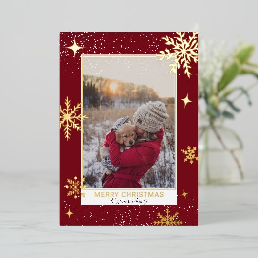 メリークリスマススター雪の赤い写真 箔シーズンカード (立ち正面)