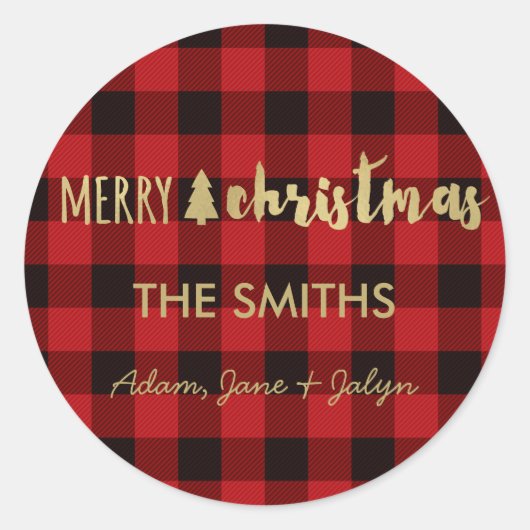 メリークリスマスステッカー水牛チェックと金ゴールド ラウンドシール (正面)