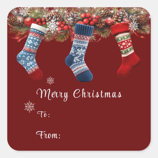 メリークリスマスストッキングパインコーンガーランド スクエアシール (正面)