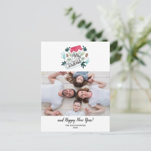 メリークリスマスストッキングファミリー写真新年 ポストカード (スタンド正面)