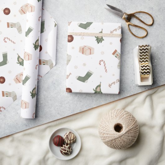 メリークリスマスストッキングプレゼントホリデーギフト ラッピングペーパー (クラフト)