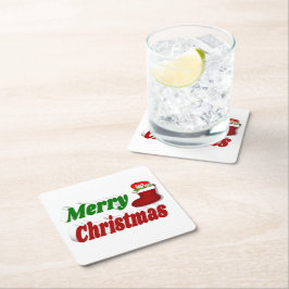 メリークリスマスストッキングレッドグリーンタイポグラフィ スクエアペーパーコースター