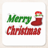 メリークリスマスストッキングレッドグリーンタイポグラフィ スクエアペーパーコースター (正面)