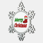 メリークリスマスストッキングレッドグリーンタイポグラフィ スノーフレークピューターオーナメント (右)