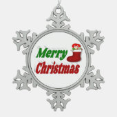 メリークリスマスストッキングレッドグリーンタイポグラフィ スノーフレークピューターオーナメント (正面)