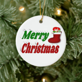 メリークリスマスストッキングレッドグリーンタイポグラフィ セラミックオーナメント
