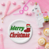 メリークリスマスストッキングレッドグリーンタイポグラフィ ペーパープレート (パーティー)