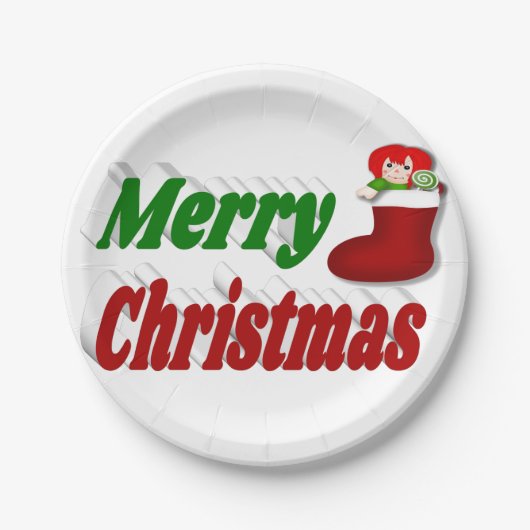 メリークリスマスストッキングレッドグリーンタイポグラフィ ペーパープレート (正面)