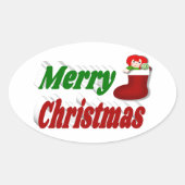 メリークリスマスストッキングレッドグリーンタイポグラフィ 楕円形シール (正面)