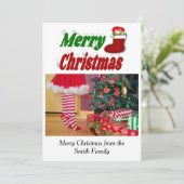 メリークリスマスストッキング写真タイポグラフィ シーズンカード (スタンド正面)