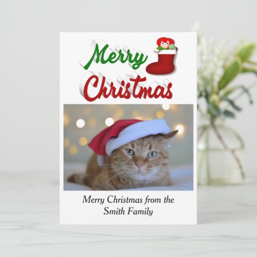 メリークリスマスストッキング写真赤い緑 シーズンカード (スタンド正面)