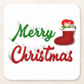 メリークリスマスストッキング赤い緑のスクリプト スクエアペーパーコースター (正面)