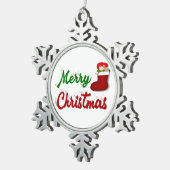 メリークリスマスストッキング赤い緑のスクリプト スノーフレークピューターオーナメント (右)