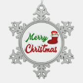 メリークリスマスストッキング赤い緑のスクリプト スノーフレークピューターオーナメント (正面)