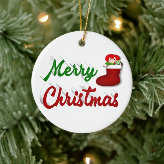 メリークリスマスストッキング赤い緑のスクリプト セラミックオーナメント (ツリー)