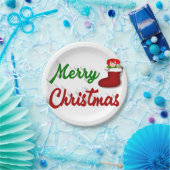 メリークリスマスストッキング赤い緑のスクリプト ペーパープレート (パーティー)