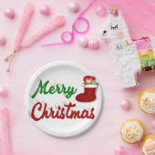 メリークリスマスストッキング赤い緑のスクリプト ペーパープレート (パーティー)