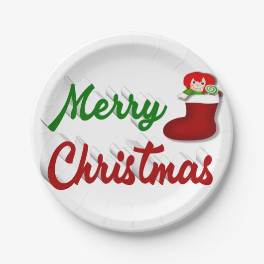 メリークリスマスストッキング赤い緑のスクリプト ペーパープレート (正面)