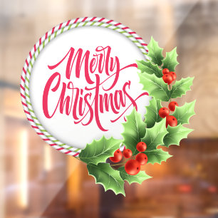 メリークリスマスストライプのリースホリーベリー ウィンドウサイン