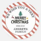 メリークリスマスストライプの鹿の木の星 ラウンドシール (正面)