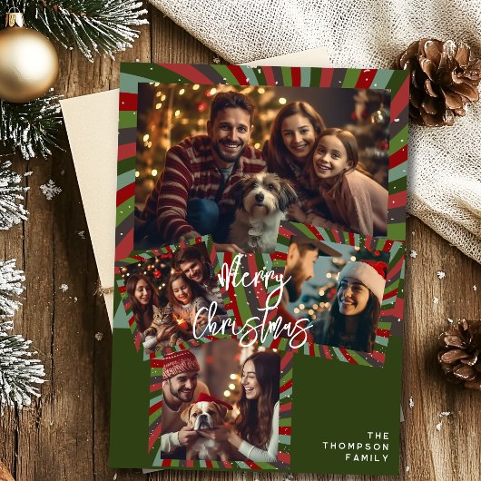 メリークリスマスストライプヴィンテージカスタムフォトカード シーズンカード