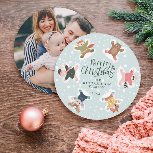 メリークリスマススノーエンジェルウッドランド動物写真 シーズンカード