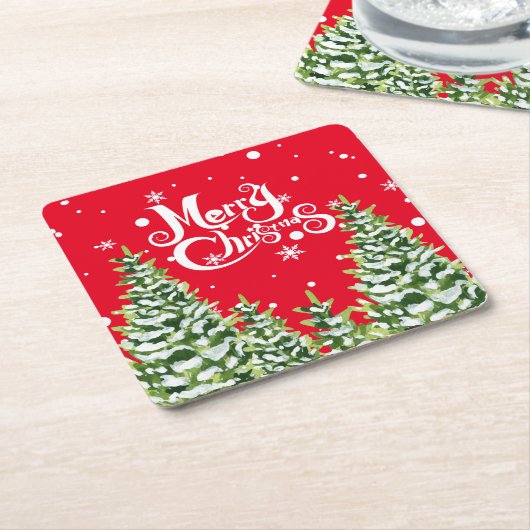 メリークリスマススノーツリーズクリスマス紙コースター スクエアペーパーコースター (アングル)