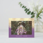 メリークリスマススノーパープル金ゴールド写真グリッター ポストカード (スタンド正面)