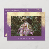 メリークリスマススノーパープル金ゴールド写真グリッター ポストカード (正面/裏面)