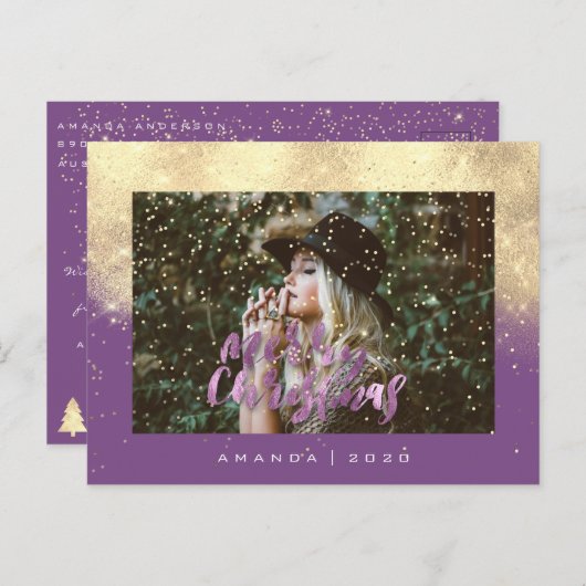 メリークリスマススノーパープル金ゴールド写真グリッター ポストカード (正面/裏面)