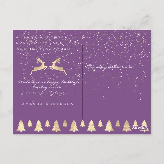 メリークリスマススノーパープル金ゴールド写真グリッター ポストカード (裏面)
