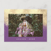 メリークリスマススノーパープル金ゴールド写真グリッター ポストカード (正面)