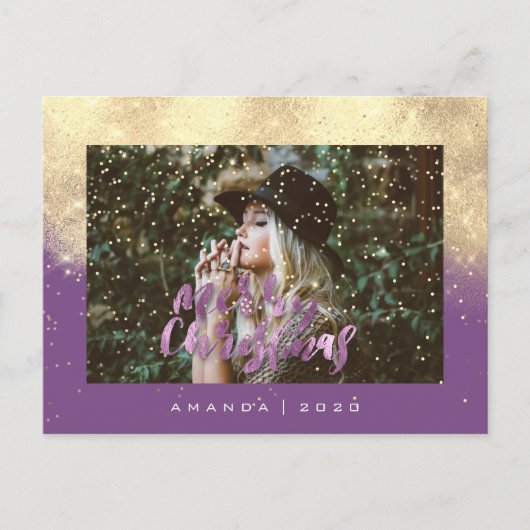 メリークリスマススノーパープル金ゴールド写真グリッター ポストカード (正面)