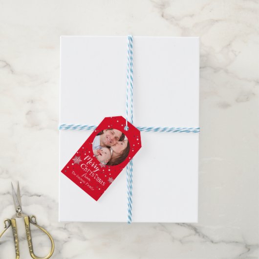 メリークリスマススノーフレークの写真と名前 ギフトタグ (より糸付き)