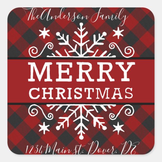 メリークリスマススノーフレークの名前と住所 スクエアシール (正面)