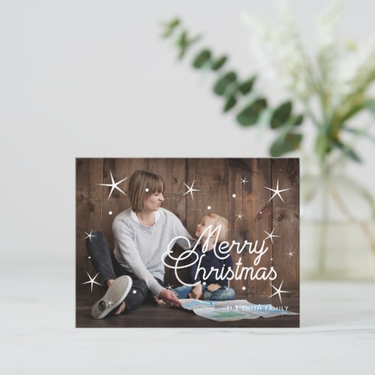 メリークリスマススノーフレークは家族の写真をオーバーレイ ポストカード (スタンド正面)